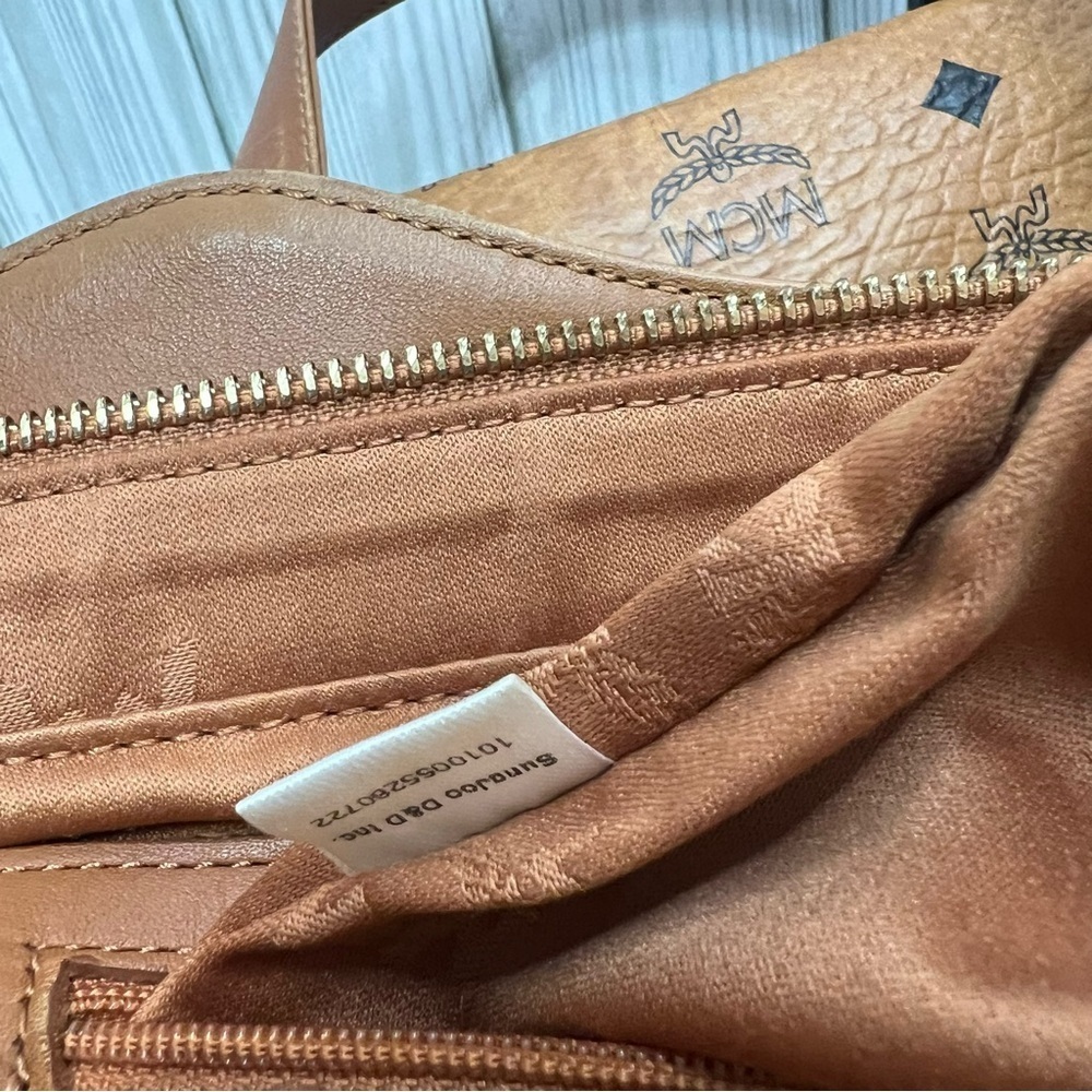 MCM Cognac Visetos Coated Canvas Leather Trim Tote Shoulder Bag - Picture 15 of 16